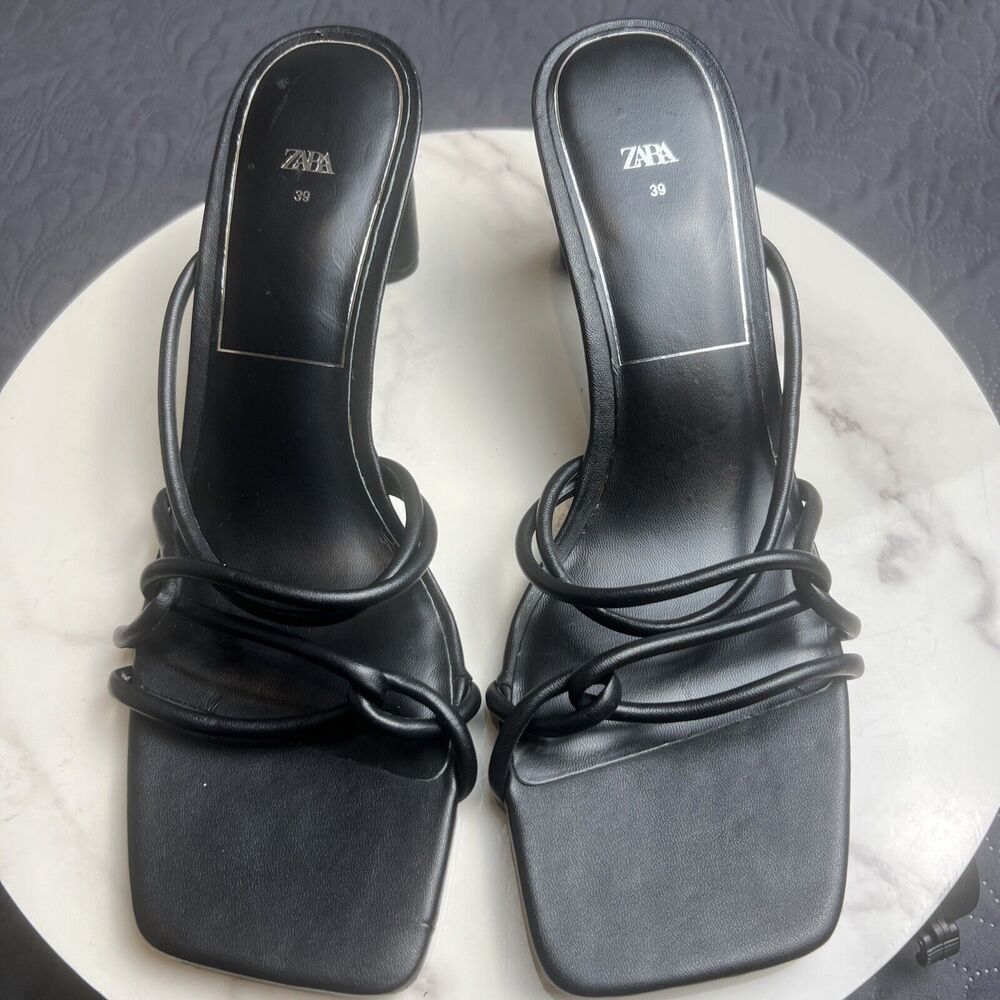 Zara Leather Black Strappy Heels SZ EU 39 Summer Chic Cute Spring Party Sandal